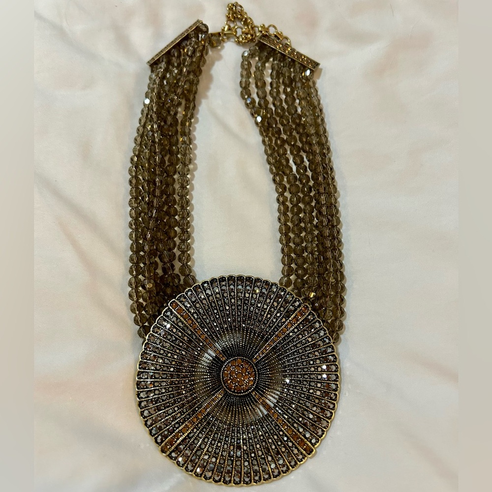 Heidi Daus Smoky Quartz 6 Strand Belgium Disc Pendant Neckace